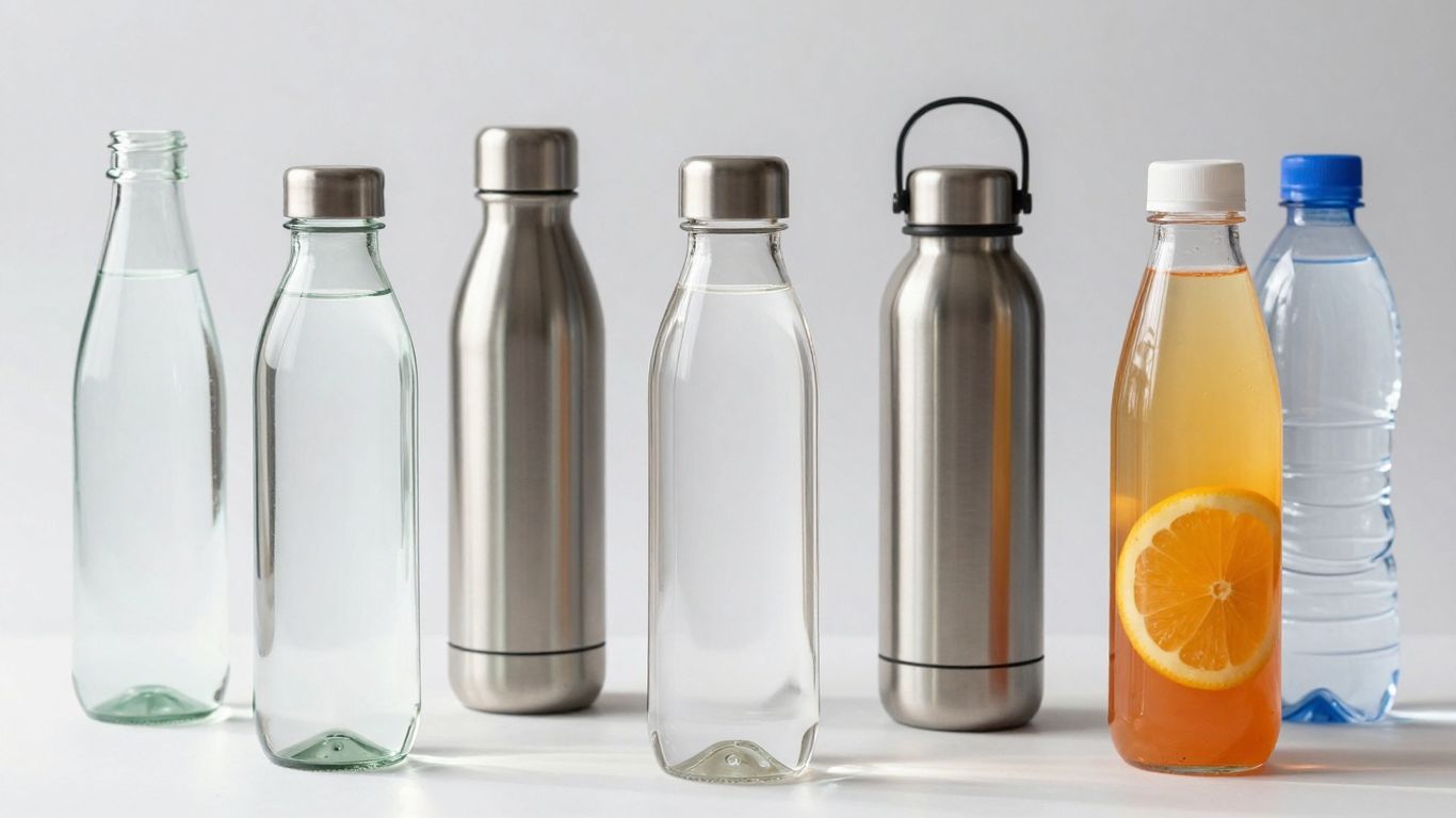 Verschiedene wiederverwendbare Trinkflaschen aus Glas und Edelstahl.